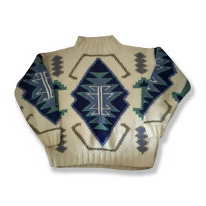 Karuba Vintage Knit Wool Sweater Medium Off-White Blue Geometric